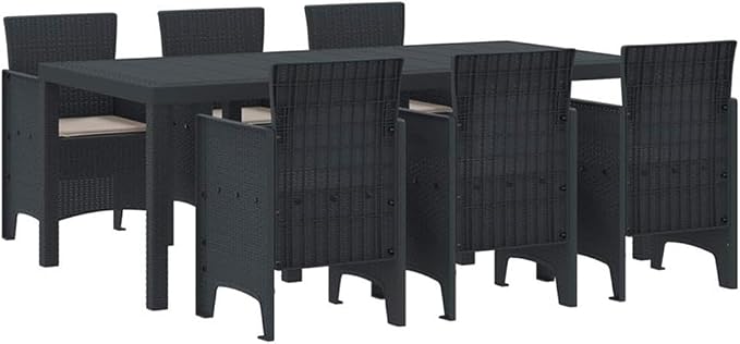 Afuera Living 7 Piece Poly Rattan Patio Dining Set, Anthracite Finish, Rectangular Design, Foam Cushions, Seating for 6, Weather-Resistant, Modern Outdoor Furniture for Yard or Garden Dining