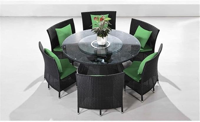 Manhattan Comfort Nightingdale 7 Piece Outdoor Dining Set with Round Glass Lazy Susan | Includes 6 Rattan Chairs, Water-Repellent Cushions and Toss Pillows, Patio Furniture, Black/Green