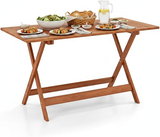 Tangkula 54.5-Inch Patio Dining Table for 6, Solid Wood Outdoor Table with Teak Painting & 2" Umbrella Hole, 6-Person Rectangular Outside Dining Table for Balcony, Deck, Porch, Backyard