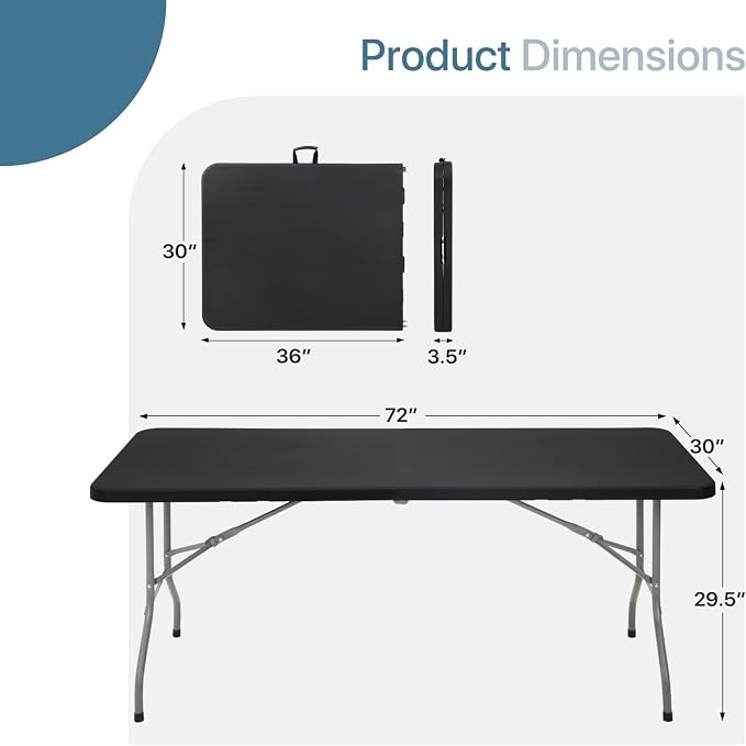 Plastic Folding Camping Table, Indoor Outdoor Collapsible Rectangle Dining Table, Portable Fold-in-Half Utility Table w/Handle for Party Wedding, Black, 72 Inch