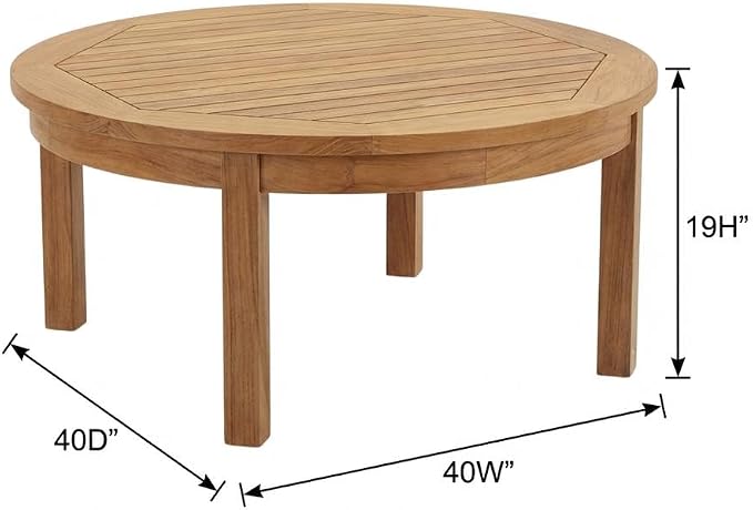 Brown Outdoor Patio Teak Round Coffee Table, 40 Inch Diameter Solid Wood Center Table, Lightweight Design for Garden Deck Backyard Seating