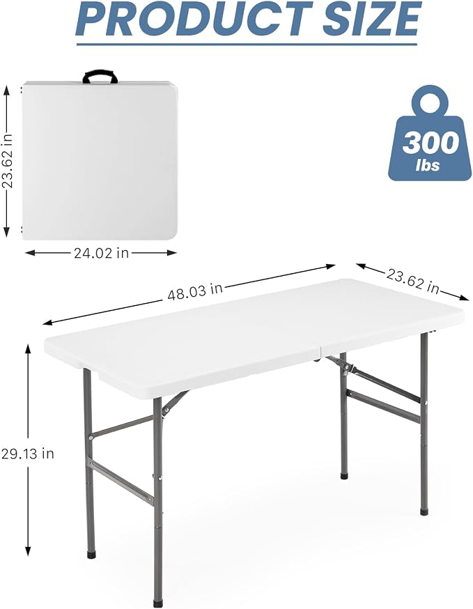 Sweetcrispy 4 FT Folding Picnic Table Easy to Fold and Store, Foldable Table for Camping Picnic Dining Party Kitchen Outdoor Indoor with Carrying Handle