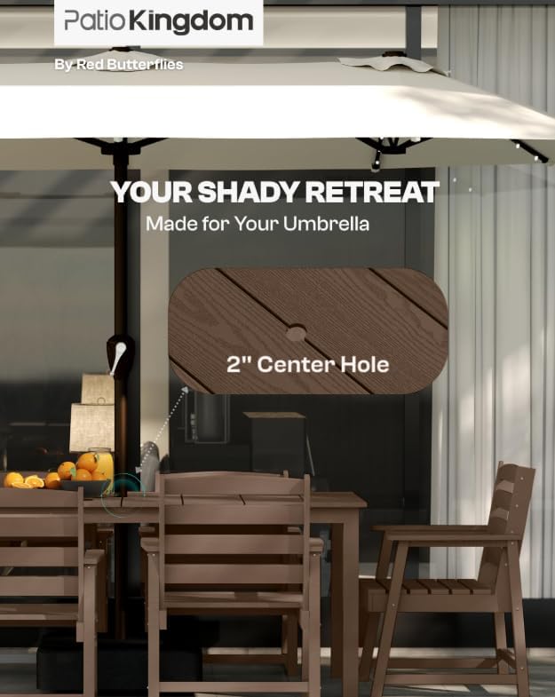 7-Piece Outdoor Dining Set with 75.2" Table for 6,Brown | HDPE material, umbrella hole design, weather-resistant furniture, perfect for garden, lawn, poolside, yard, balcony, deck