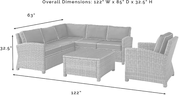 Crosley Furniture Bradenton 5-Piece Outdoor Sectional Sofa Wicker Conversation Patio Furniture Set for Deck, Brown with Navy Cushions
