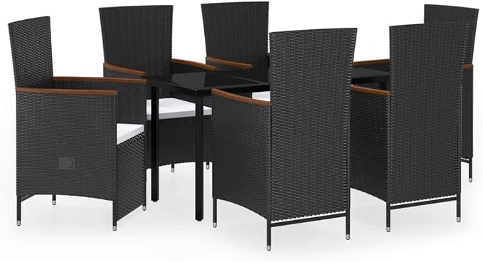 7-Piece Black PE Rattan Patio Dining Set with Cushions | Features 1 table and 6 reclining chairs with acacia wood accents, designed for backyard, deck, and porch family meals.