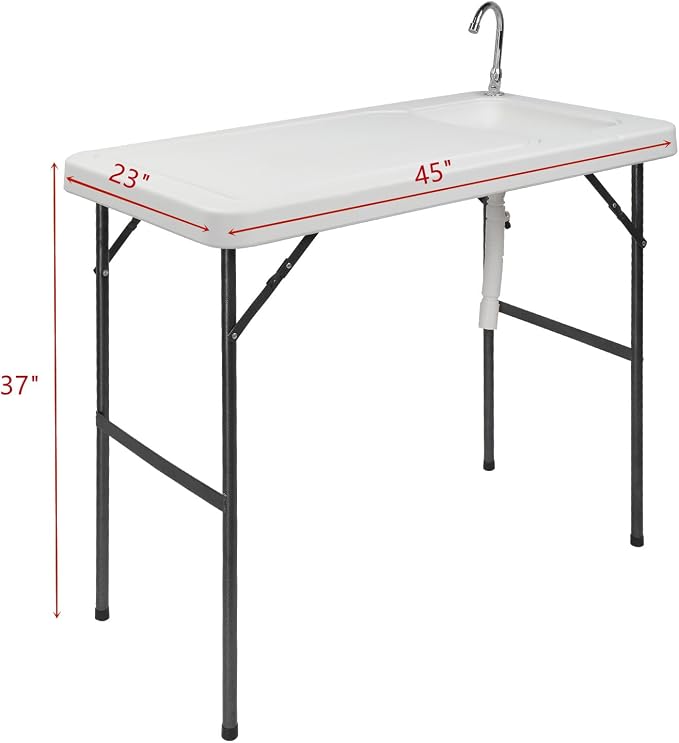 Folding Fish Cleaning Table with Sink and Spray Nozzle, Heavy Duty Fillet Table with Hose Hook Up and Faucet, Portable Outdoor Camping Sink Station for Dock Beach Patio Picnic