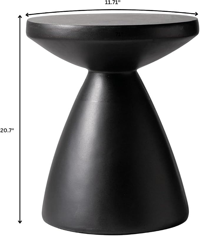 LeisureMod Modern Side Table with Fiberstone Top 20” Round Accent Table and Hourglass Pedestal Base for Outdoor or Indoor Dune Series in Black