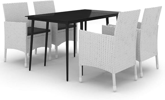 5-Piece Patio Dining Set with Glass Table and 4 Cushioned Chairs, All-Weather Poly Rattan Outdoor Furniture Sectional for Garden, Backyard and Porch, White and Black
