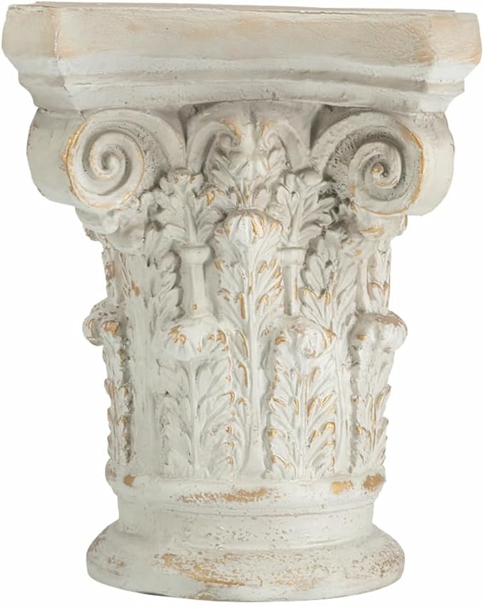 Small Side Table for Living Room, Farmhouse Rustic French Country MGO Pedestal Stand Ornate with Scrollwork Design and Gold Accents, Square Distressed Display Stand White 14x14x17.5