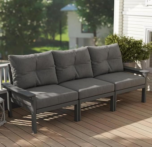 Grey HDPE Patio Sofa Set, 3-Piece Sectional Outdoor Patio Furniture Set, All Weather Outdoor Couch Set with Washable Thick Cushions for Lawn, Garden, Deck, Porch, Balcony, Poolside, Yard