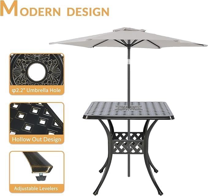 Outdoor Cast Aluminum Patio Table, 30.5” Square Bistro Table with 2.2” Umbrella Hole for Patio Garden Deck Backyard