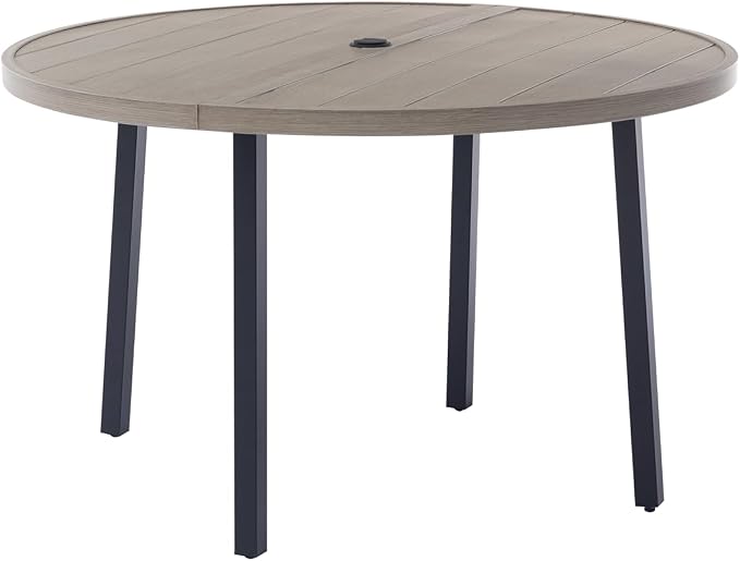 47" Round Patio Table with Umbrella Hole, Metal Outdoor Dining Table for Garden, Backyard and Deck, 6 Person Round Patio Dining Table for Outside, Honey Oak