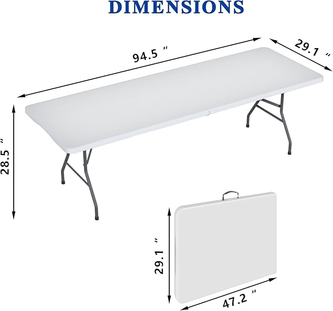 8FT Folding Tables – Heavy Duty Portable Foldable Picnic Table with Built-in Handle, 450 lb Capacity – Ideal for Events, Parties, Crafts, Camping & Dining (6-Pack, White)