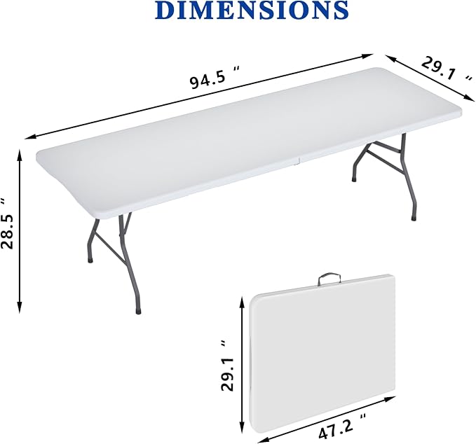 8FT White Folding Table for Outdoor, 8 Foot Picnic Tables No Assembly Required Portable, White Foldable Table for Camping, Parties, Meeting, Events, Wedding, BBQ, with Carrying Handle