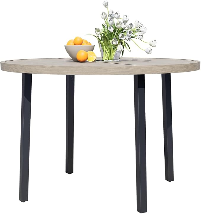 All-Weather 47" Round Outdoor Patio Table for 6, Metal Ivory Dining Table with Adjustable Umbrella Hole, Garden, Backyard & Deck Bistro Table