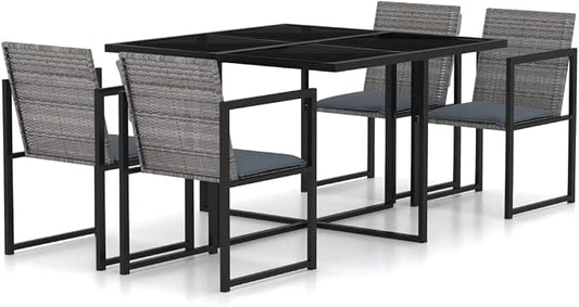 5 Piece Patio Dining Set, Gray Poly Rattan Outdoor Furniture Set with 42.9 Inch Square Tempered Glass Table and 4 Cushioned Chairs for Backyard, Garden and Al Fresco Dining