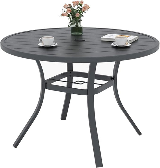 4 Person Black 41" Outdoor Patio Round Dining Table, Metal Slat Top & Frame | Black, Metal Slat Top and Frame, All Weather, 1.57-1.9 inch Adjustable Umbrella Hole, 3.4ft, 4 Person