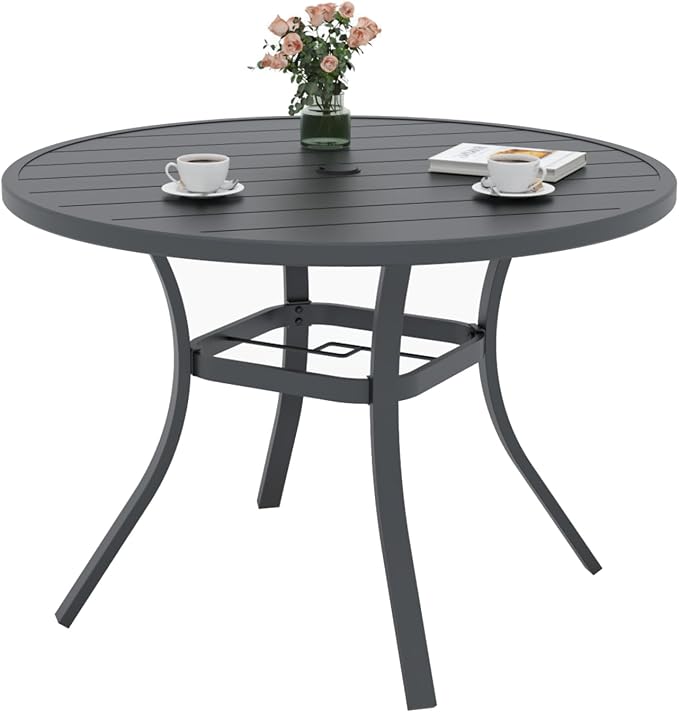 5 Piece Patio Dining Set with 41" Round Metal Table and Beige Grey Chairs | 4 Piece Stackable Chairs Textilene Seat and Back, Table and Chair with Metal Frame, Round Slat Table Top, 1.9" Umbrella Hole