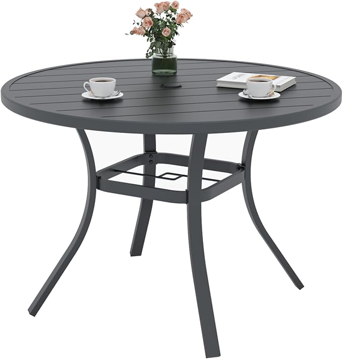 5 Piece Outdoor Patio Dining Set with 41" Metal Round Table and Red Chairs | 4 Piece Stackable Chairs Textilene Seat and Back, Table and Chair with Metal Frame, Round Slat Table Top, 1.9" Umbrella Hole