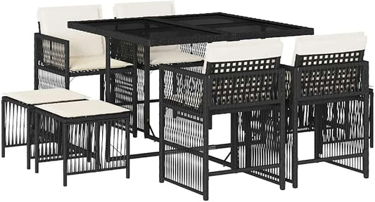 9-Piece Garden Dining Set with Cream White Poly Rattan, Medium Foldable Table and 8 Chairs for Outdoor Patio
