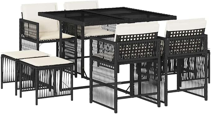 9-Piece Black Rattan Patio Dining Set with Cushions | Features a space-saving foldable design seating 8 people, suitable for backyard and terrace dining.