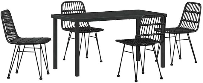 Afuera Living 5 Piece Poly Rattan Garden Dining Set, Black Finish, Weather-Resistant UV-Protected Material, Powder-Coated Steel Frame, Rectangular Table and Chairs, Modern Patio or Outdoor Seating