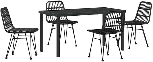 Afuera Living 5 Piece Poly Rattan Garden Dining Set, Black Finish, Weather-Resistant UV-Protected Material, Powder-Coated Steel Frame, Rectangular Table and Chairs, Modern Patio or Outdoor Seating