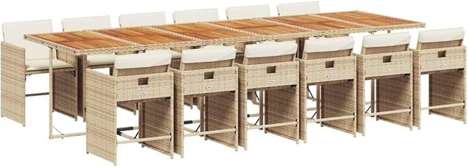 13 Piece Patio Dining Set with Cushions, Space Saving Cube Garden Furniture for Backyard, Beige Poly Rattan Table and Chairs