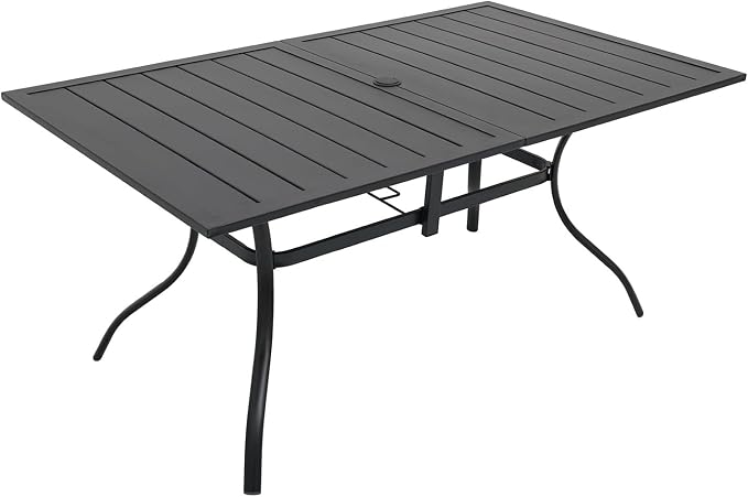 63"x38" Rectangle Outdoor Patio Dining Table with Umbrella Hole - 6 Person | 63" x 38" x 28" Rectangle Table, Slat Table Top, Black, Metal Top and Frame, 1.57"-1.9" Adjustable Umbrella Hole, All Weather