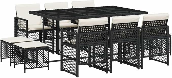 11 Piece Garden Dining Set, Outdoor Patio Furniture Set with Black Poly Rattan Table and Chairs, Space Saving Dining Set with Cushions for Backyard and Terrace