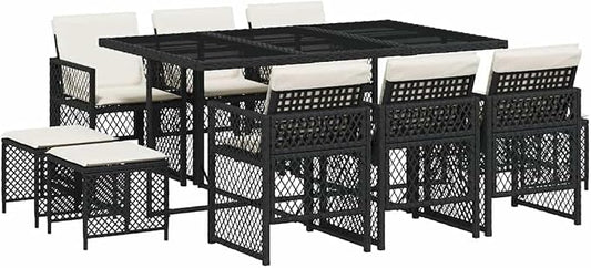 11 Piece Garden Dining Set, Outdoor Patio Furniture Set with Black Poly Rattan Table and Chairs, Space Saving Dining Set with Cushions for Backyard and Terrace