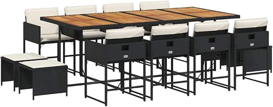 Garden Dining Set for 12, Large Rectangular Outdoor Patio Furniture with Solid Acacia Wood Table, Black Poly Rattan Woven Chairs and Cushions for Terrace or Backyard Dining