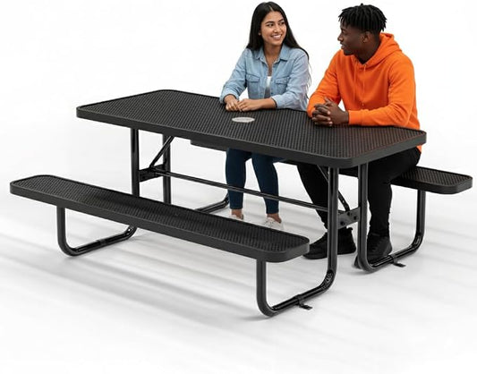 Commercial Heavy-Duty Metal Picnic Table - ADA Compliant, Adjustable Seats, Umbrella Hole (Black, 6' Rectangular, Punched Steel)