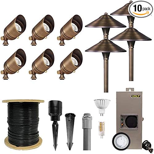 VOLT 12V LED Landscape Lighting Kit (6 Spotlights, 4 Path Lights), Bronze | Solid Brass, 150W Low Voltage Transformer, Ideal for House Yard Outdoor Pathway Walkway Garden Driveway or Patio