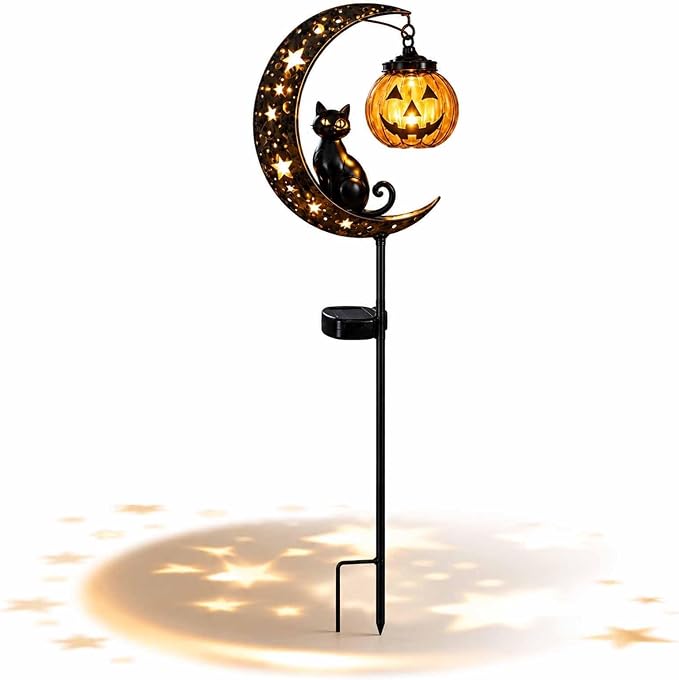 Solar Halloween Black Cat Garden Stake Light – Metal Crescent Moon & Pumpkin Lantern Yard Decor, Auto On/Off Waterproof LED Landscape Lighting for Patio Lawn Pathway (A)
