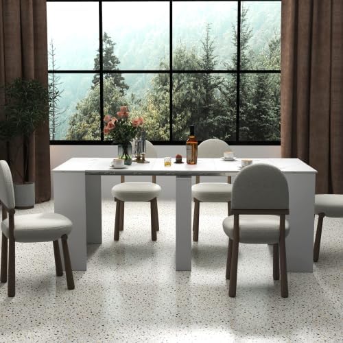 20.08”-118.11” Extendable Dining Room Table, 1-10 People Wood Long Foldable Tables with Storage Cabinet & Outlet, Space Saving Expanding Table with for Kitchen, Living Room, White Marble