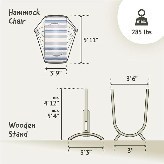 LA SIESTA Udine Outdoor Hammock Chair Set with freestanding Wooden Stand, Double-Size Weather-Resistant Hammock Chair with FSC-Certified Eucalyptus Wood Stand - Sea Salt