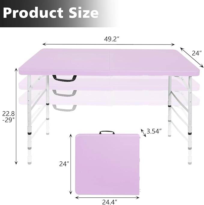 Portable 4Ft Folding Table, Heavy Duty Plastic Fold-in-Half Utility Foldable Table, Adjustable Height Plastic Folding Table with Carrying Handle for Camping &Party Indoor/Outdoor(Light Purple)
