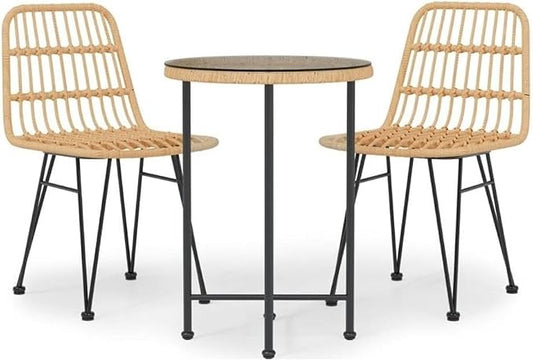 BOWERY HILL 3-Piece Steel Garden Dining Set, Round Tempered Glass Tabletop, Black Matte Finish, Poly Rattan Chairs, Compact Modern Outdoor Patio Dining Set for Balcony or Small Spaces, Seating for 2