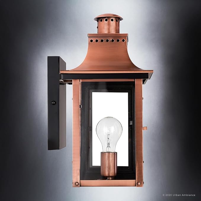 Luxury Antique Outdoor Wall Light, Medium Size: 15.3" H x 7.75" W, with French Country Style Elements, Rustic Copper Finish, UQL1413, Longview Collection