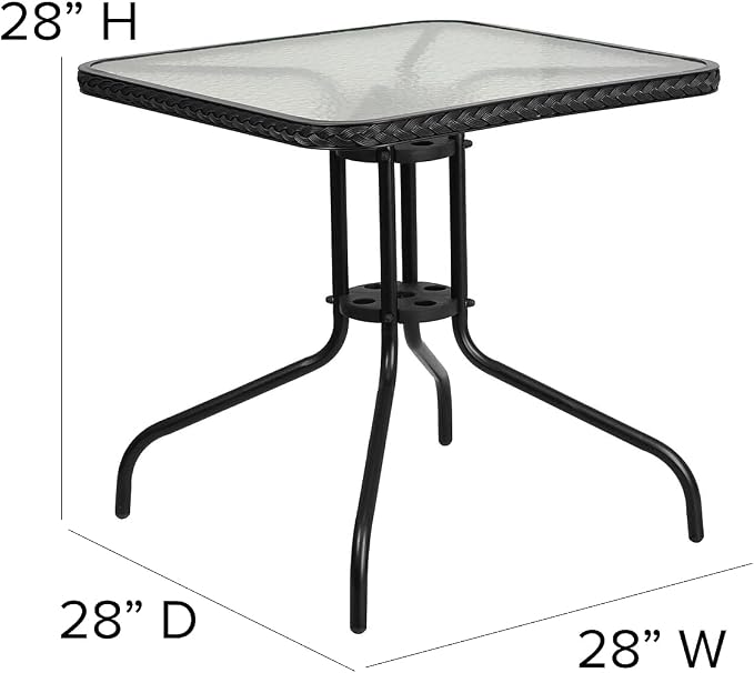 Flash Furniture 5-Piece 28" Square Indoor/Outdoor Patio Table and Chairs Set, Dining Set with Glass Metal Bistro Table, 4 Stack Rattan Chairs, Black