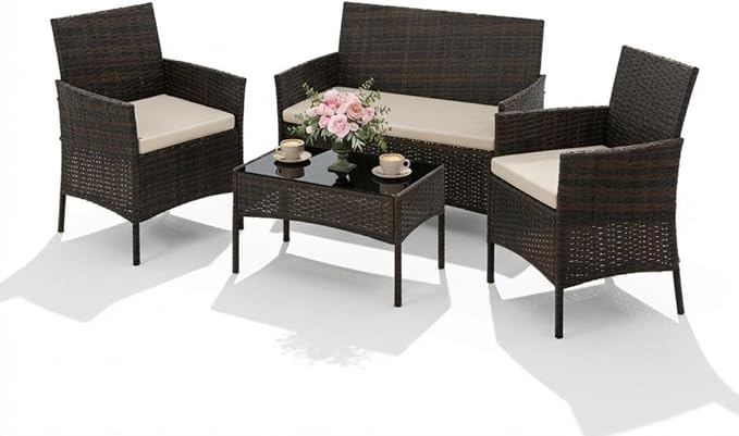 4PCS Outdoor Patio Bistro Set, PE Rattan Wicker Armchairs, Brown/Beige