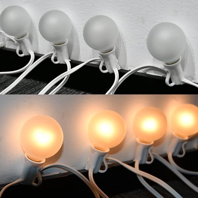 25FT Outdoor Frosted String Lights, 25 G40 Bulbs, White Wire | 5W Glass Incandescent Bulbs, IP44 Weatherproof, E12 Bases, 2 Spares, End-To-End Connectable, for Weddings and Parties