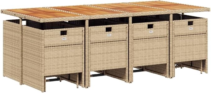 13 Piece Outdoor Dining Set with Cushions Beige Poly Rattan Patio Furniture for 8 Includes Folding Chairs, Acacia Wood Table and Stools, Space-Saving Set for Garden Backyard BBQ