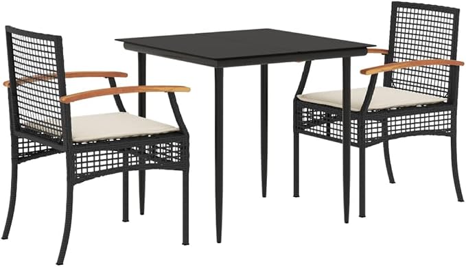 3 Piece Poly Rattan Patio Dining Set with Cushions Black Tempered Glass Table for Outdoor Backyard Garden Relaxation, UV Proof 242.5 lb Capacity Per Seat