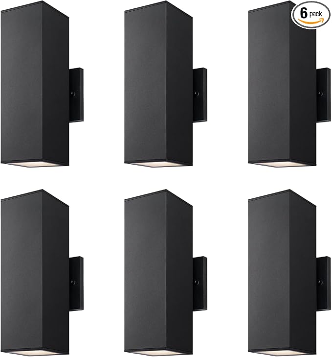mirrea 12" Modern Outdoor Porch Light in 2 Lights, Matte Black, 6 Pack | Patio wall sconce, aluminum rectangular tube, tempered glass, waterproof. Up & down lighting for outdoor wall mount fixture.