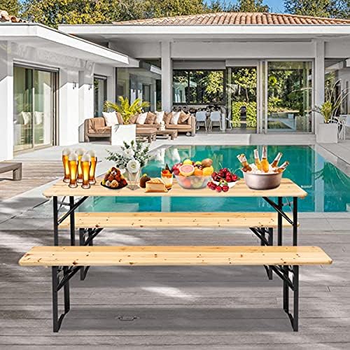 5.8FT Outdoor Dining Table and Bench Set, Set of 3, Portable Folding Picnic Tables and Chair, 3-Piece Patio Dining Set, Wood Outdoor 3-Piece Patio Counter Table Set with 2 Benches