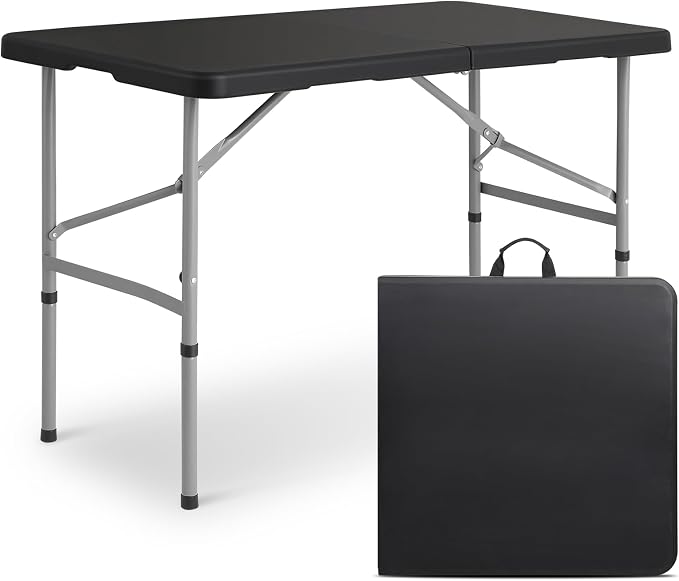 MoNiBloom 4Ft Folding Card Table, Outdoor Foldable Small Portable Plastic Dining Picnic Cookout Table w/Handle, Black