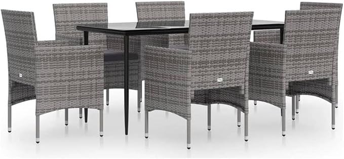 Afuera Living 7-Piece Garden Dining Set, Powder-Coated Steel Frame, Tempered Glass Tabletop, Weather-Resistant Cushions, Gray and Black Finish, Modern Patio Furniture for Outdoor Gatherings
