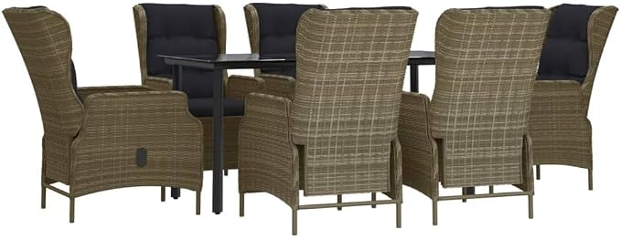 7 Piece Patio Dining Set Brown Poly Rattan with 6 Adjustable Reclining Chairs & Cushions, Outdoor Rattan Dining Table with Tempered Glass Weather Resistant Conversation Set for Garden Backyard Deck